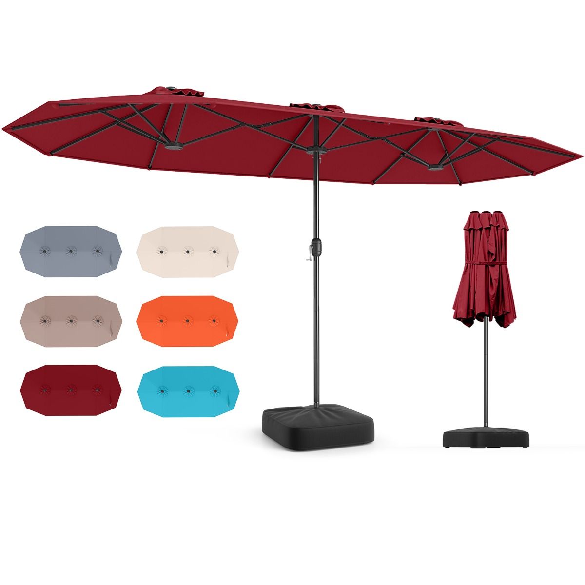 Parasol double Coast - toile extra-large - pied lesté - Rouge vin 400 x 212 cm