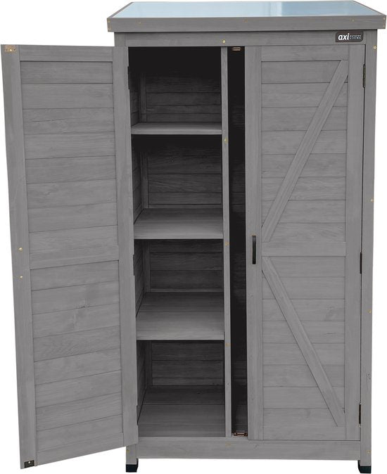Armoire de rangement en bois AXI Hugo, gris chaud - Armoire de jardin avec toit galvanisé - 3 étagères et un fond - Bois certifié FSC - Fermeture magnétique - 85 x 52 x 174 cm