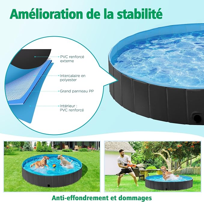 Piscine pliable pour chiens Yaheetech XXL 160 x 30 cm - Noire - Baignoire antidérapante pour chiens et chats