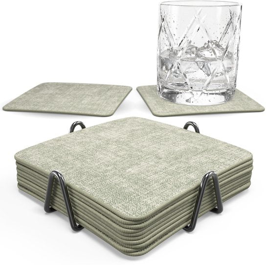 Sous-verres en simili cuir Castagnola – Sous-verres pour verres – Sous-verres design avec support – Lot de sous-verres en cuir avec support métallique – Cuir – Lot de 10 – Vert mélangé – 10 x 10 cm