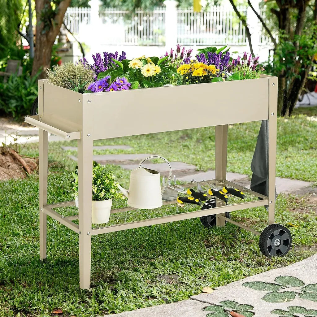 Coast Raised Planter - Bac de jardinage en métal avec étagère, roues et crochets - 95 x 40 x 80 cm