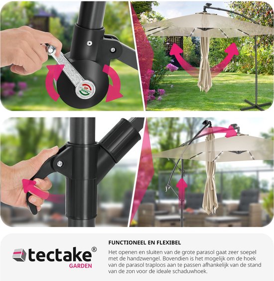 tectake® - Parasol 250cm avec éclairage solaire Led - Parasols - Parasol flottant - Energie solaire - Panneau solaire inclus - Eclairage de jardin - beige