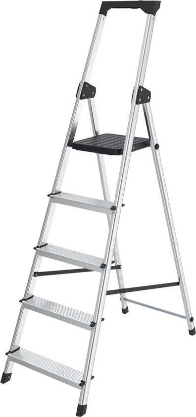 BRASQ Household Ladder 5-Step Silver - Échelle de cuisine pliable en aluminium pour usage privé et professionnel - Échelle - Antidérapante