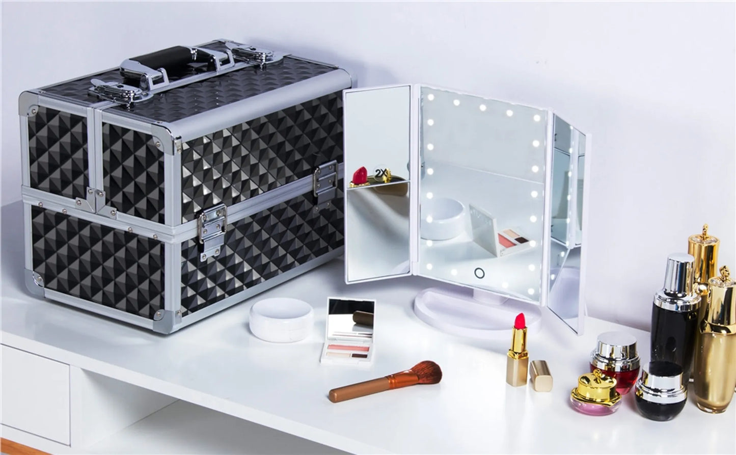 Yaheetech Make-up Case Beautycase - Avec 3 couches et des cloisons réglables et une serrure à clé - Pour les esthéticiennes et les coiffeurs - Aluminium noir - 34,7 x 22,2 x 25 cm