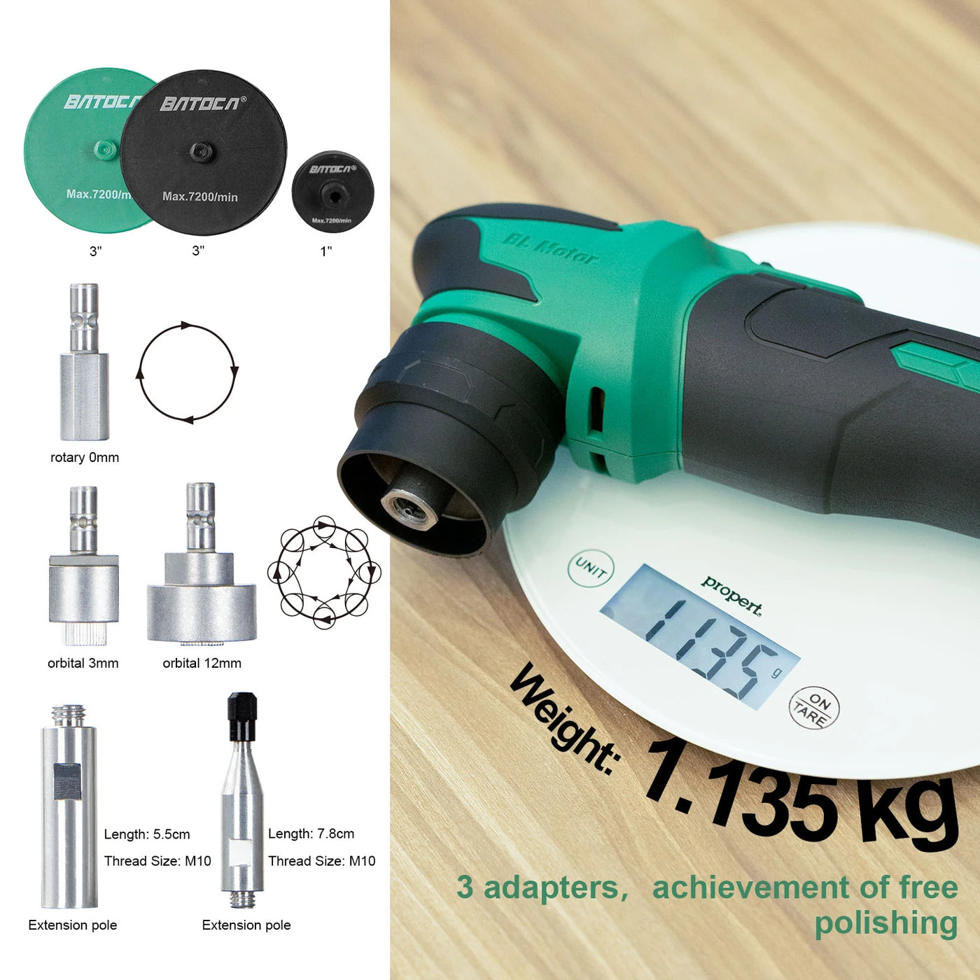 Mini-polisseuse sans fil Batoca S4 - Bleue - Rotative et excentrique - 2 000-5 500 tr/min - 2 batteries 12 V 2,5 Ah - Disques d'appui 25 et 75 mm