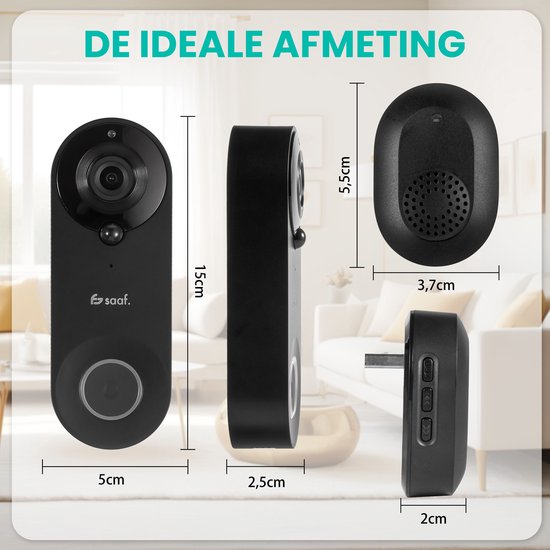 Sonnette vidéo avec caméra - avec gong et carte SD 32GB - sans fil - sonnette intelligente - application gratuite - noir - Saaf ALL-VD