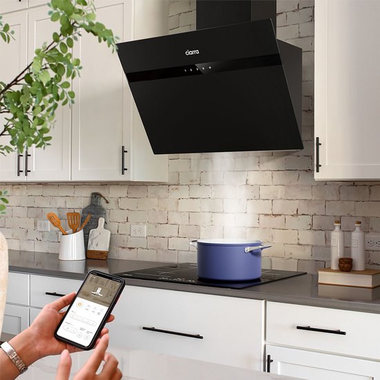 CIARRA CBCG6736H-G Hotte aspirante inclinée 60 cm, noire – Verre dépoli anti-traces de doigts – Avec Wi-Fi – Jeu de filtres à charbon inclus – 650 m³ – Classe énergétique A+++