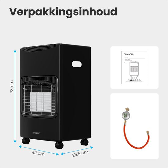 Auronic Mobile Gas Heater - with Wheels - up to 60 m² - 4100W Gas Heater - Includes Gas Pressure Regulator and Gas Hose - Black