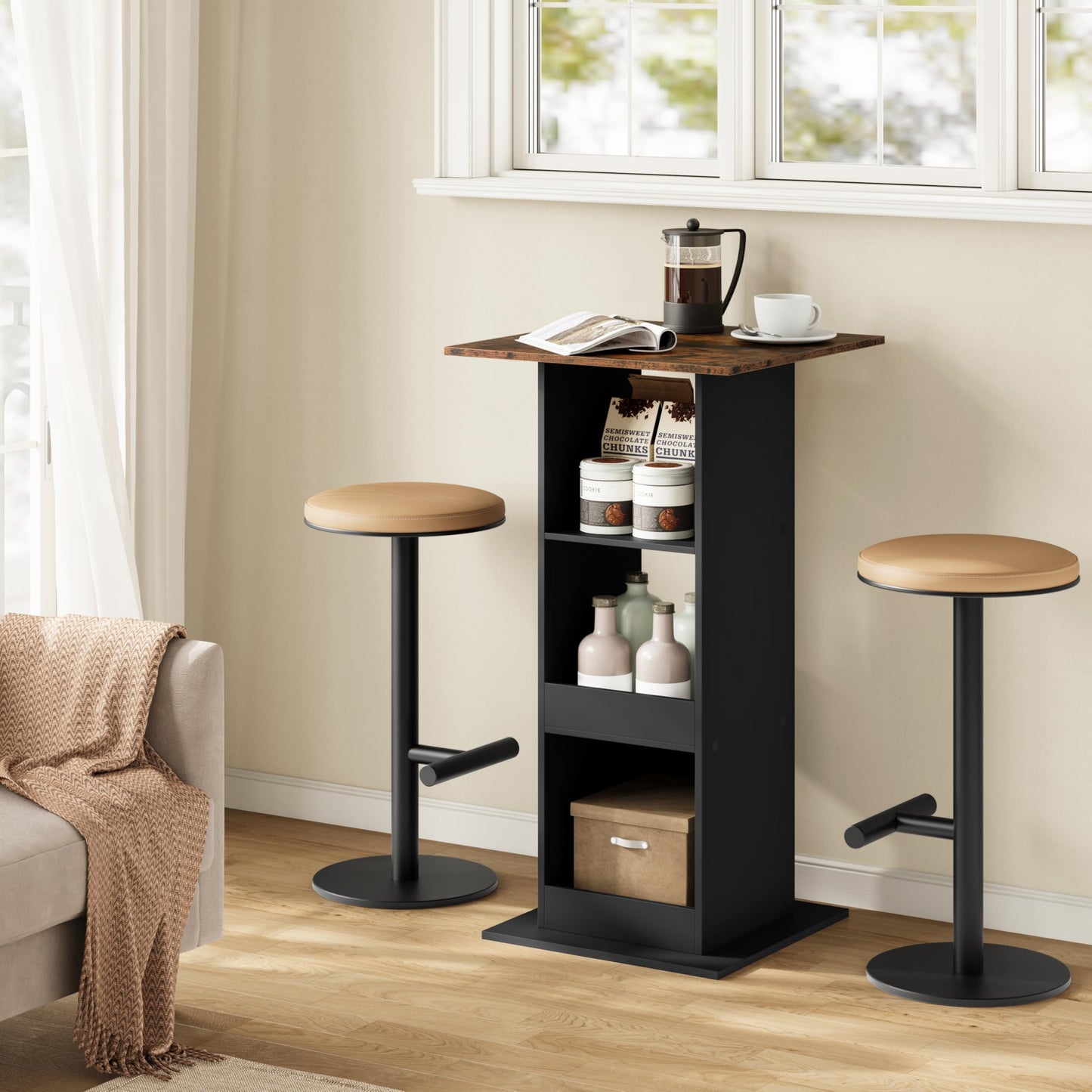 Table haute Woltu - 109 cm de hauteur - Rectangulaire - 3 étagères - Noir/Marron rustique