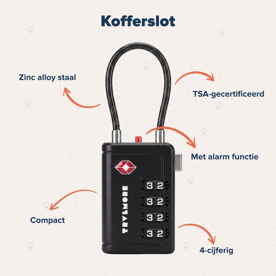 TRVLMORE Cadenas de valise avec câble - Certifié TSA - Fonction alarme - 4 chiffres - Lot de 2 - Noir