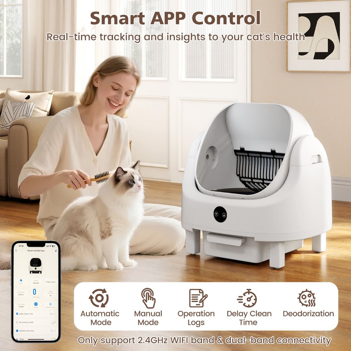 Litière automatique autonettoyante Coast - Commande via application - Capteurs de sécurité - Blanc