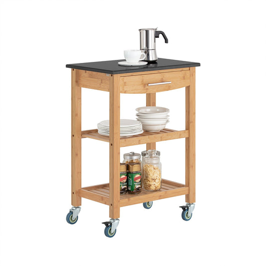 SoBuy Chariot de cuisine avec 1 tiroir et 2 étagères de rangement - Max. 50KG - 58 x 85 x 40 cm - Couleur bois