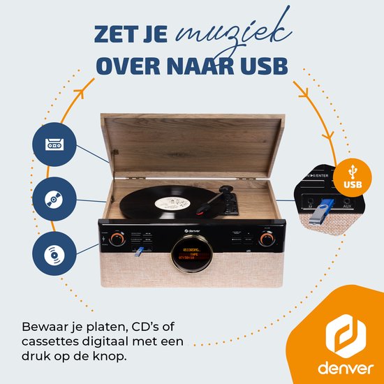 Denver Retro Record Player - Radio - CD - Cassette - Bluetooth - Auto stop - MRD180