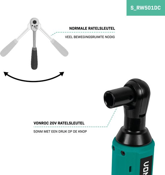 Clé à cliquet VONROC Accu - 20V - 50Nm - 3/8" - avec jeu de 8 douilles - batterie 2.0Ah et chargeur rapide inclus - également pour utilisation manuelle - idéal pour les boulons et écrous difficiles d'accès.