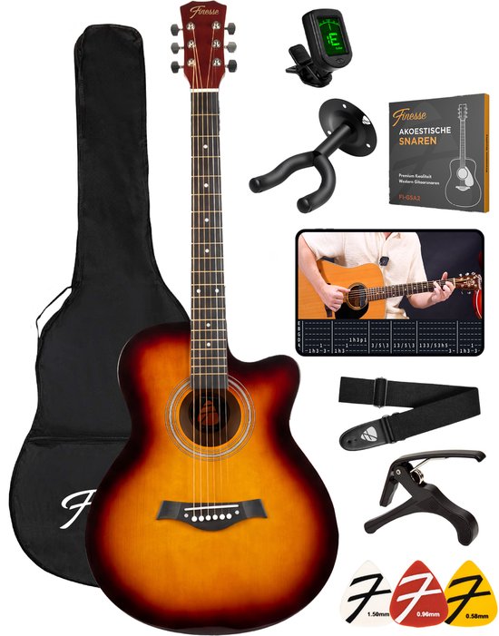 Finesse Acoustic Guitar - with Video Course - 4/4 40" - Western Guitar - Guitare Enfant et Adulte - Sunburst
