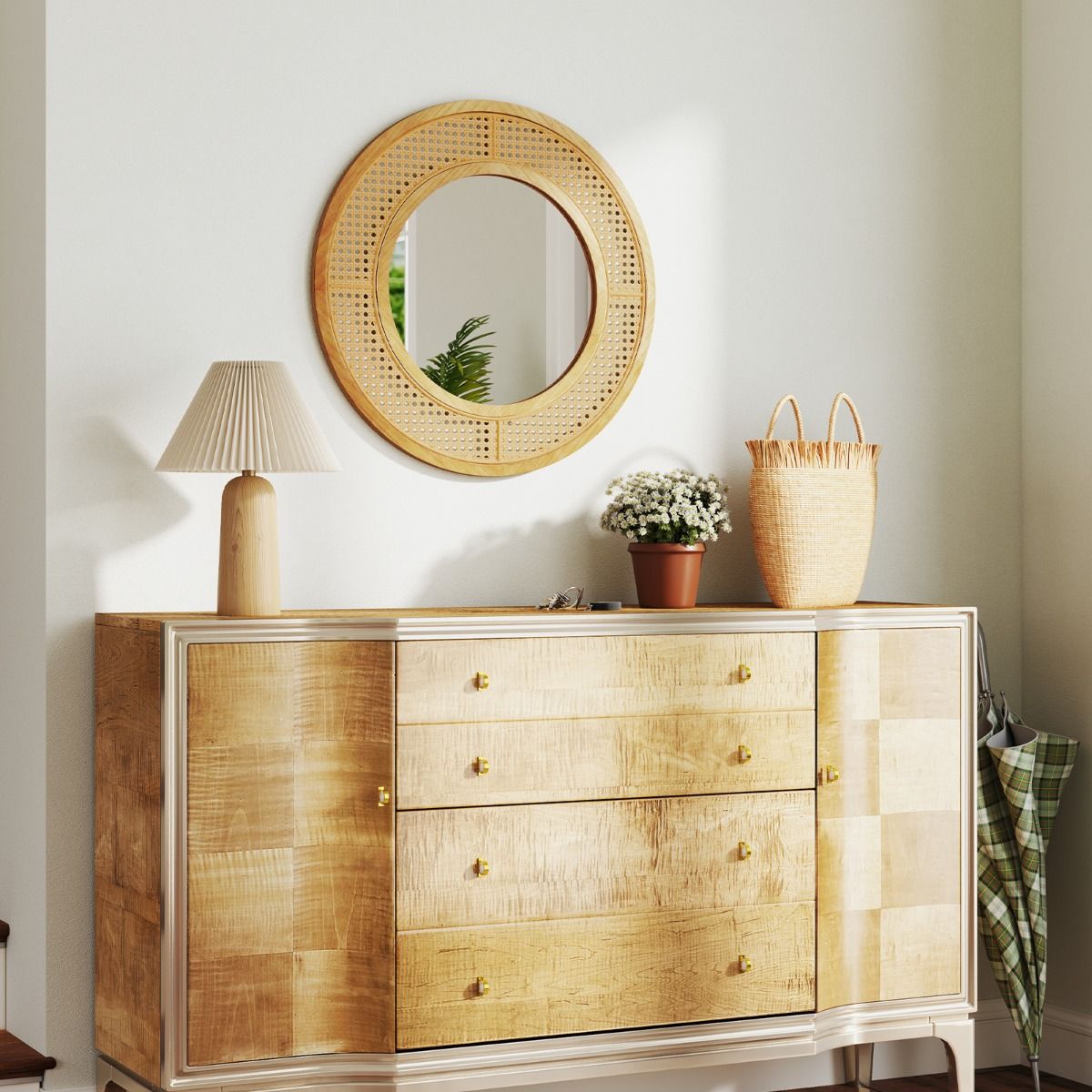 Miroir mural rond Coast - Décoration en rotin - Cadre en bois - 65 cm Naturel