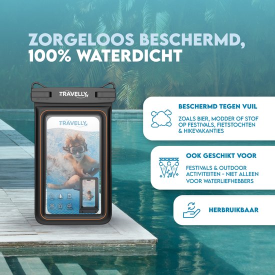 Travelly® Luxe Waterproof Phone Case - Étui sous-marin universel pour smartphone - Convient à tous les téléphones - Sacoche sèche - Pour les vacances, la natation et les sports nautiques - Noir