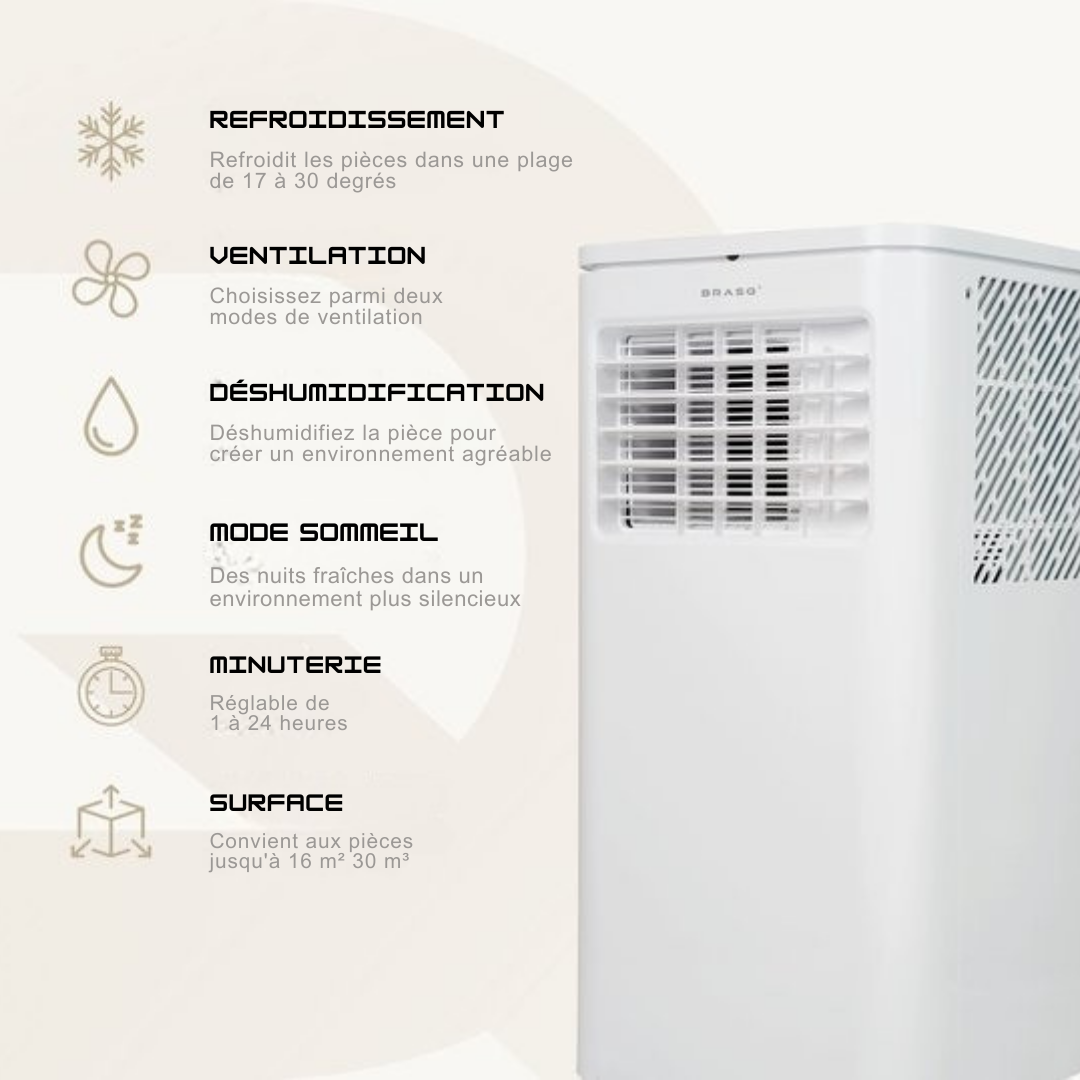BRASQ 3-in-1 Climatiseur mobile avec kit d'étanchéité de fenêtre - Avec télécommande - Convient pour Chambre à coucher - Salon - Bureau - Climatiseur jusqu'à 16m2 - 9000 BTU - Blanc