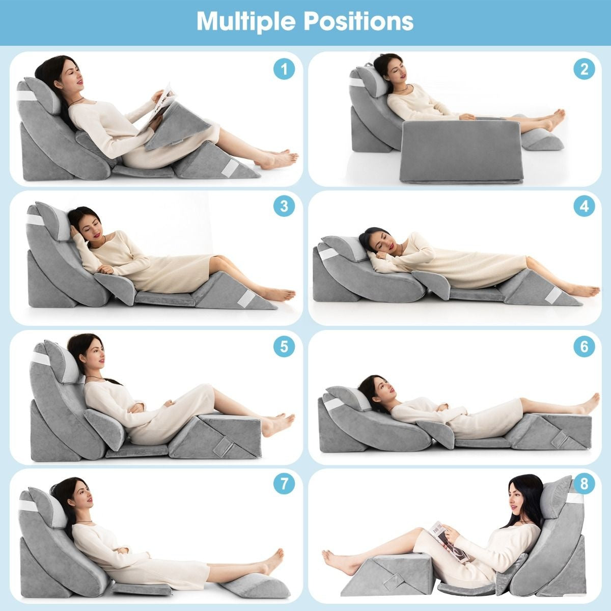 Coast Set de 7 coussins de lecture en mousse à mémoire de forme / coussins orthopédiques / housse lavable / ergonomique / gris