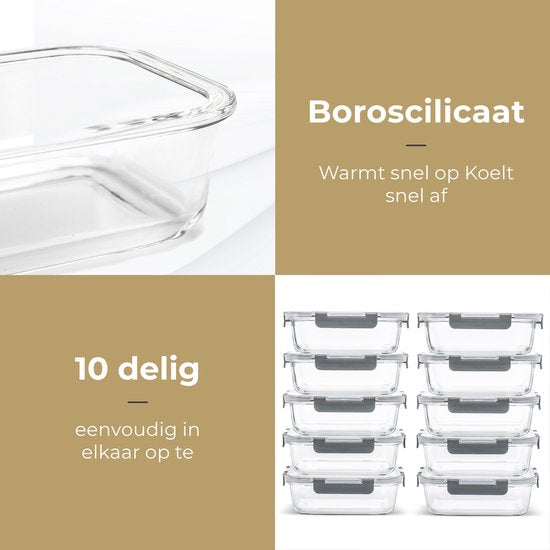Stosh Meal Prep Trays - Plateaux fraîcheur - Plateaux congélation - Etanches à l'air - 10 pièces - 1L - Sans BPA - Verre