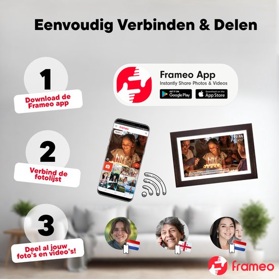 Cadre photo numérique Denver 15,6 pouces - Bois - XL - Full HD - Frameo App - Cadre photo - WiFi - 16GB - IPS Touchscreen - PFF1543DW