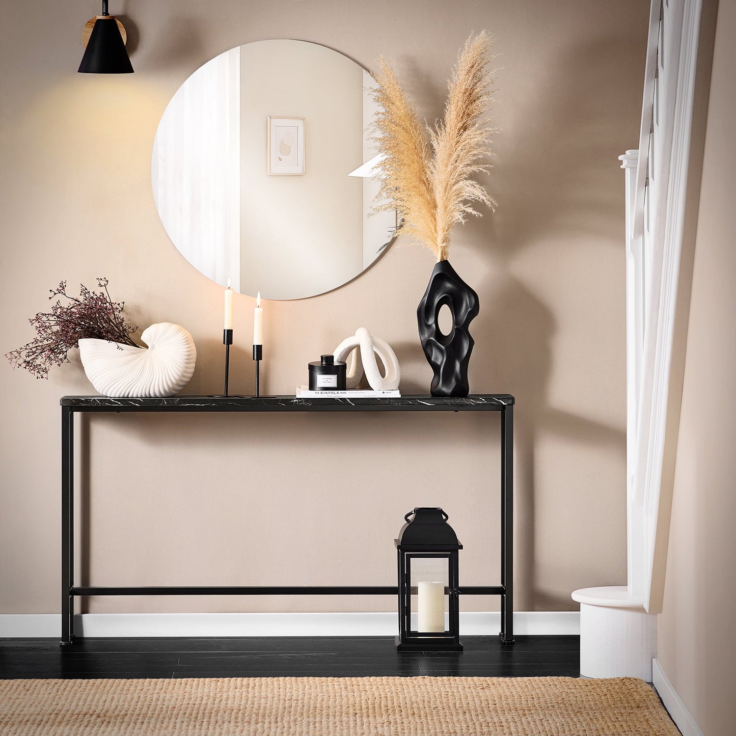 Table d'appoint Sobuy Consoletafel FSB19 SCH – 120 cm de longueur, avec plateau aspect marbre, structure métallique noire et patins de protection – Pour l'entrée et le salon – Bois et métal – 120 x 20 x 65 cm