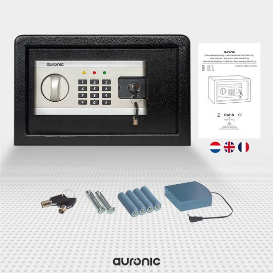 Auronic Coffre-fort électronique - Serrure Digitale - Clé - Montage mural - Porte 4.3cm - Alarme 130dB - 8L - 31x20x20cm - 4.5KG - Acier - Noir