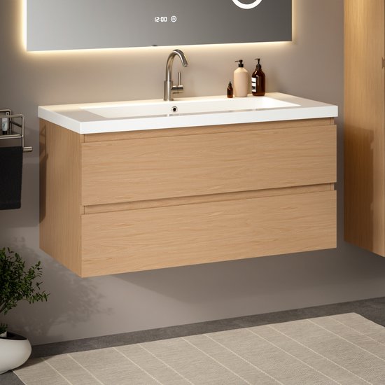 Meuble de salle de bains Mirlux en chêne clair 100 cm - Lavabo blanc - Ensemble de meubles de salle de bains - Meuble-lavabo en chêne clair