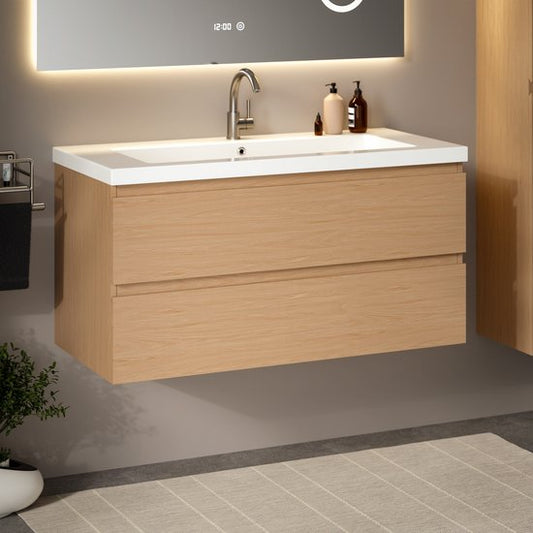 Meuble de salle de bains Mirlux en chêne clair 100 cm - Lavabo blanc - Ensemble de meubles de salle de bains - Meuble-lavabo en chêne clair