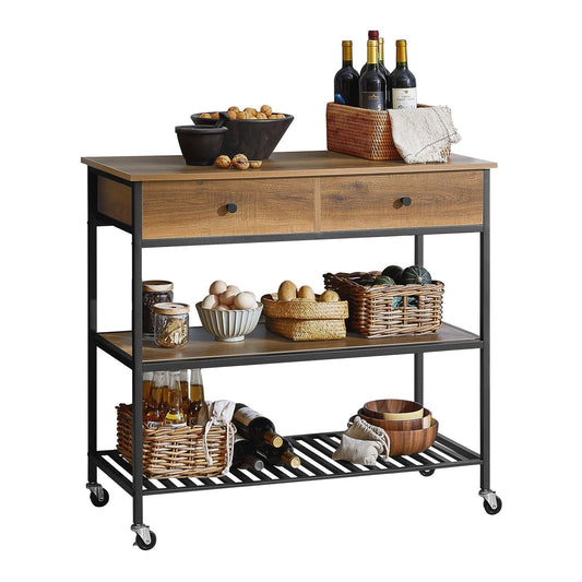 SoBuy Chariot de cuisine sur roulettes avec 2 tiroirs et 2 étagères - 100x45x93 cm - Max. 60KG - Couleur bois foncé