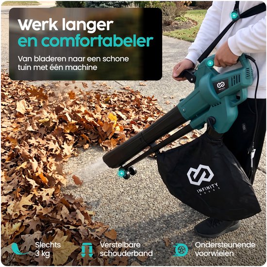 Souffleur et aspirateur électrique Infinity Goods - 3 500 W - Fonction de broyage - Sac de ramassage de 45 L - Avec fil - Vitesse de l'air de 280 km/h