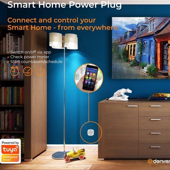 Denver Smart Plug avec compteur d'énergie - Mise à la terre - Minuteur - Prise intelligente - TUYA - Fonctionne avec Amazon Alexa et Google Home - Wifi - Pour iOS et Android - SHP102
