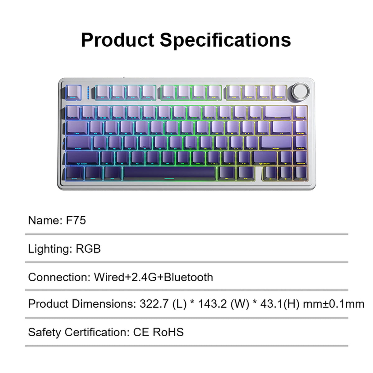 Clavier mécanique AULA F75 Pro - Disposition 75 % - Sans fil tri-mode - Hot-swap - RGB - Violet