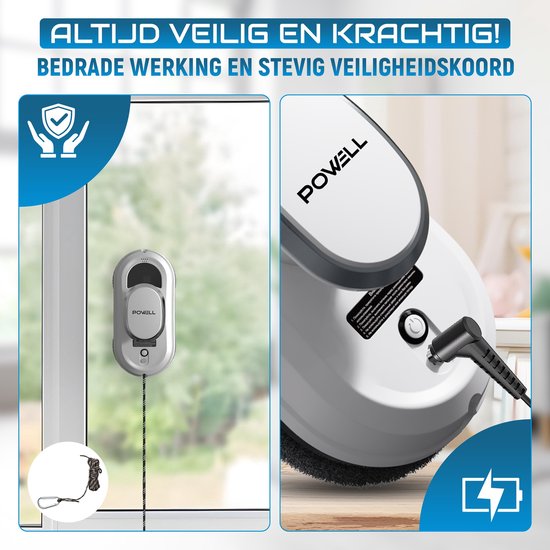 Powell Robot Lave-vitres - Nettoyeur de vitres - Essuie-vitres électrique - Aspiration forte 3000Pa - Télécommande - Blanc
