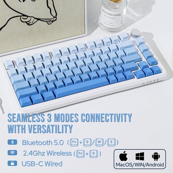 Ajazz AK820 MAX - 75% Wireless Gaming Keyboard - Mécanique - Touches latérales imprimées - Joint - Hot Swap - Tri mode - Clavier QWERTY - 82 touches - Gradient Blue