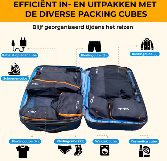 TTD® Premium Packing Blocks Compression Set of 8 Pieces - Packing Blocks Backpack - Up to 105L Capacity - Strong Nylon - Suitcase Organiser Set - Luggage Organiser - Backpack Organiser - Compression Block - Toiletry Bag - Black & Orange