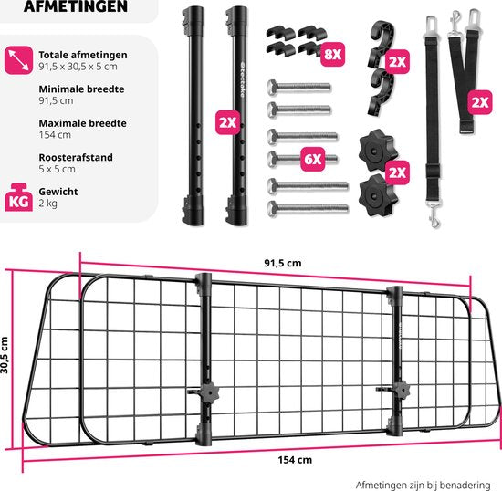 tectake® - Porte-chien pour voiture - Universel avec largeur variable jusqu'à max. 154 cm - Protection et séparation du coffre - 2 ceintures de sécurité incluses - Montage facile