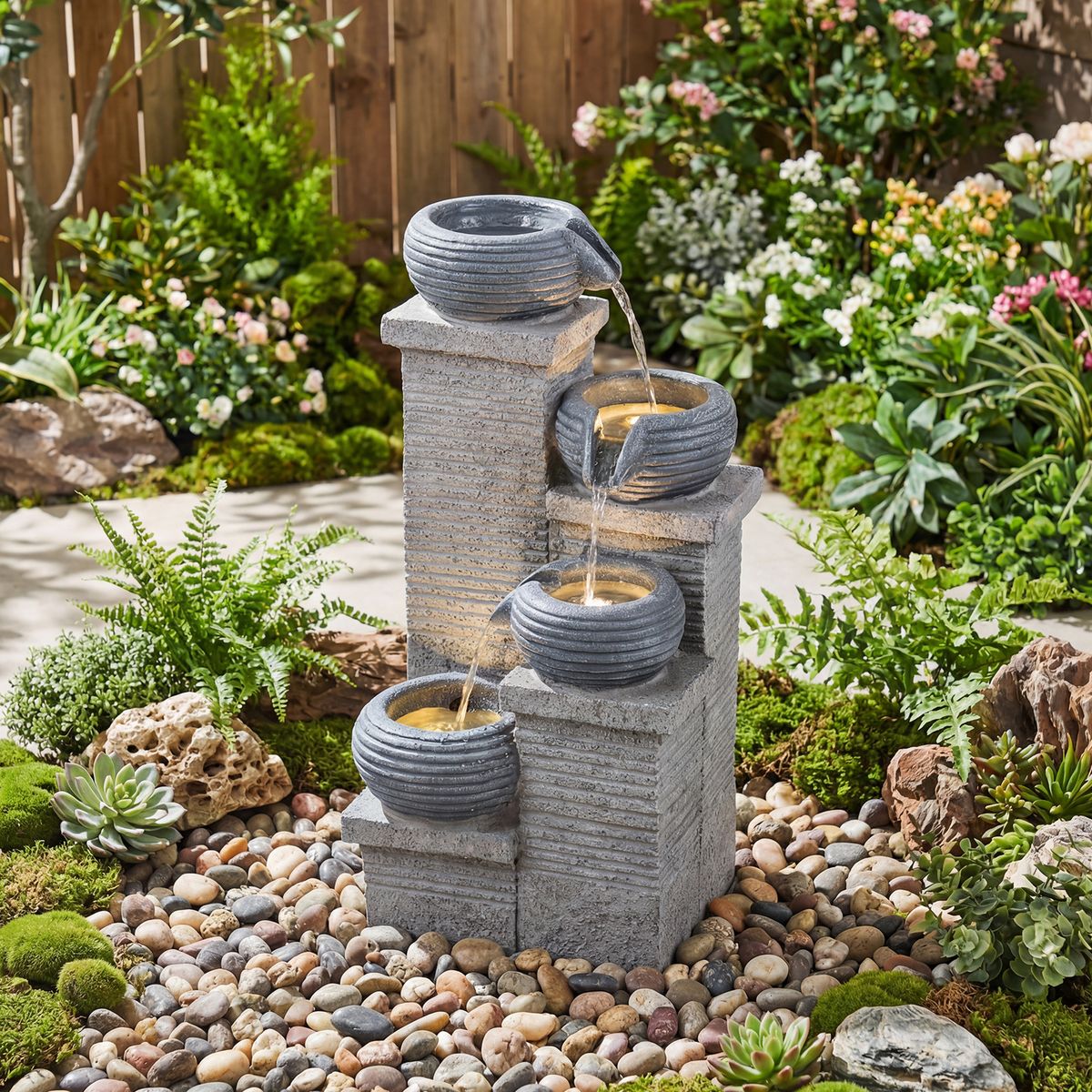 Fontaine de jardin Coast avec éclairage LED - Cascade à quatre niveaux - Résine synthétique et fibre de verre - Gris 28 x 22 x 58 cm