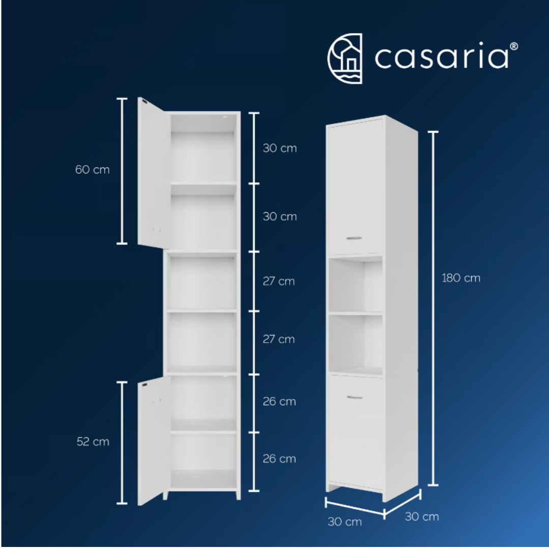Armoire de salle de bains - Casaria - avec étagères réglables - 185 x 30 x 30 cm - Blanc