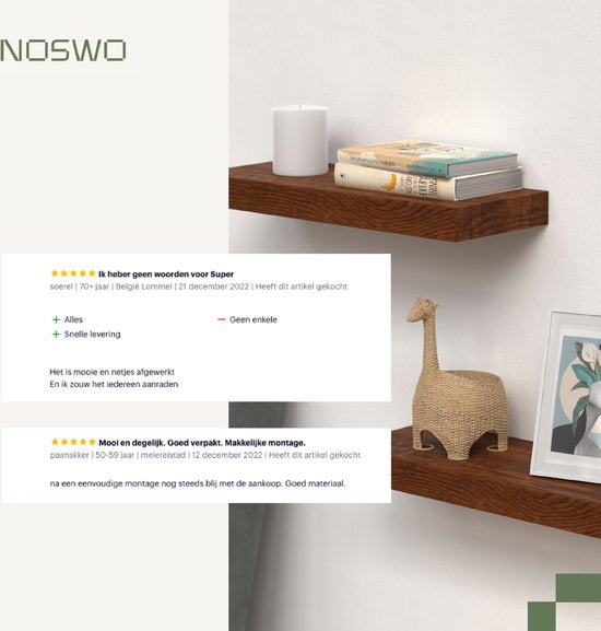 Étagère murale flottante - Noswo - Lot de 2 - 15 kg max - Bois de manguier massif - 43x16.8 x4 cm - étagère à livres / étagère à photos - Matériel de fixation inclus