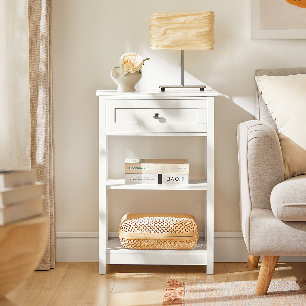 SoBuy FBT46-W Table de chevet - Blanc - 2 étagères - 1 tiroir - 45x68x30 cm
