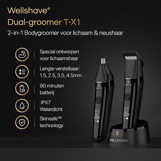 Wellshave 2 in 1 Bodygroomer Men - Tondeuse Multi pour le corps et la barbe - Tondeuse poils pubiens homme - Tondeuse corps homme - Tondeuse nez - Dual Groomer