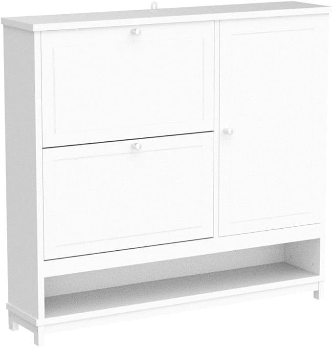 SoBuy FSR114-W Meuble à chaussures avec 2 abattants, 1 compartiment ouvert et 1 porte Meuble à chaussures étroit blanc BHT env. 102x96x24cm env.