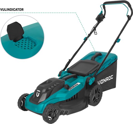 Tondeuse à gazon VONROC - 1600W - Largeur de coupe 38 cm - Cinq hauteurs de coupe réglables : 25/40/50/60/70 mm - Bac de ramassage 42L inclus