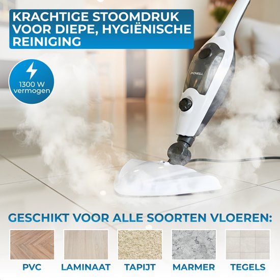 Powell Steam Cleaner - Nettoyeur à vapeur portatif - 2 en 1 - Nettoyeur de tapis - Nettoyeur à vapeur de sol - 10 accessoires inclus - 240 V - 1300 W - Noir/Blanc