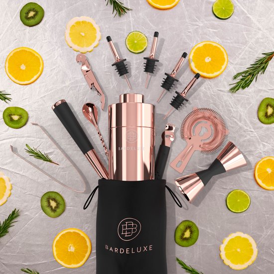 Set à cocktails BarDeluxe® - 12 pièces - Shaker 750 ml - Acier inoxydable - Avec coffret cadeau de luxe - Sac de rangement et livre de recettes - Or rose