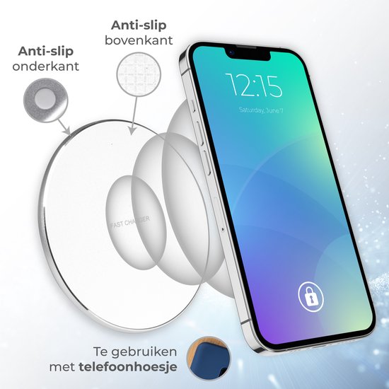 Nuvance - Chargeur sans fil 10W - Câble inclus - Chargeur sans fil - Chargeur rapide - Convient à tous les Smartphones Qi - Blanc et Argent