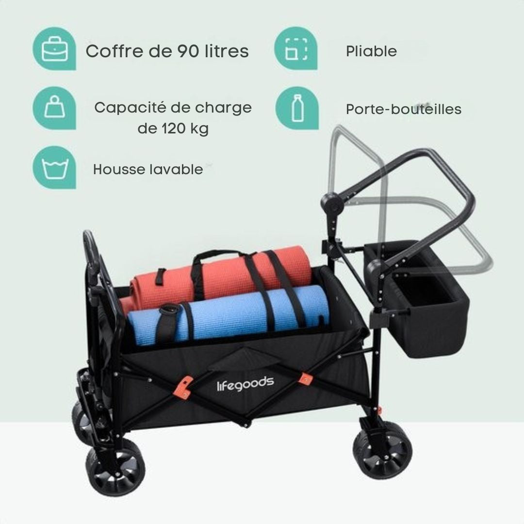 Chariot pliable LifeGoods - Jusqu'à 120KG - 90L - Polyester lavable - 120x80cm - Noir