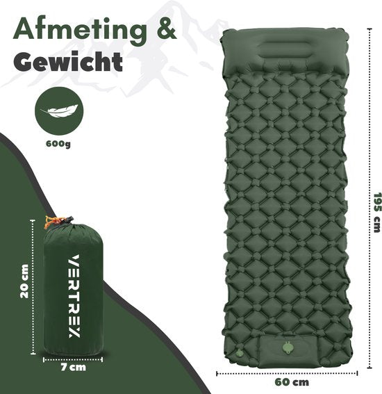 Vertrex Inflate-X1 Matelas de couchage avec pompe intégrée - Lit gonflable - 1 personne - Vert mousse