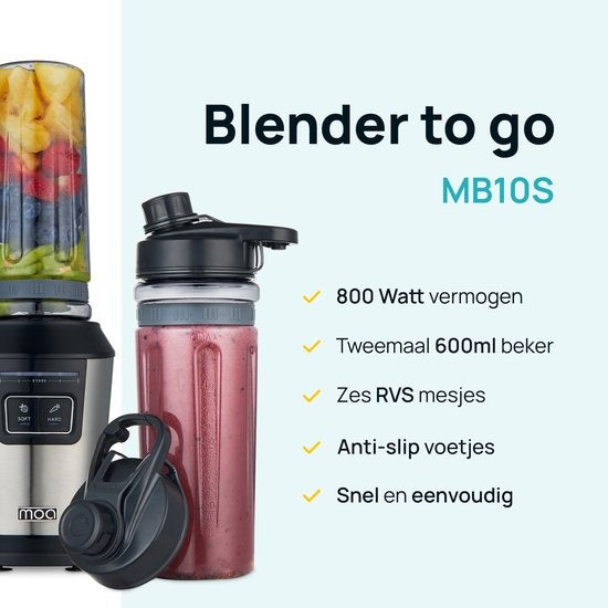 MOA Blender - Blender to Go - Mini Blender - 2 gobelets en Tritan de 600ml - Smoothie Maker - 800W - Silver - MB10S